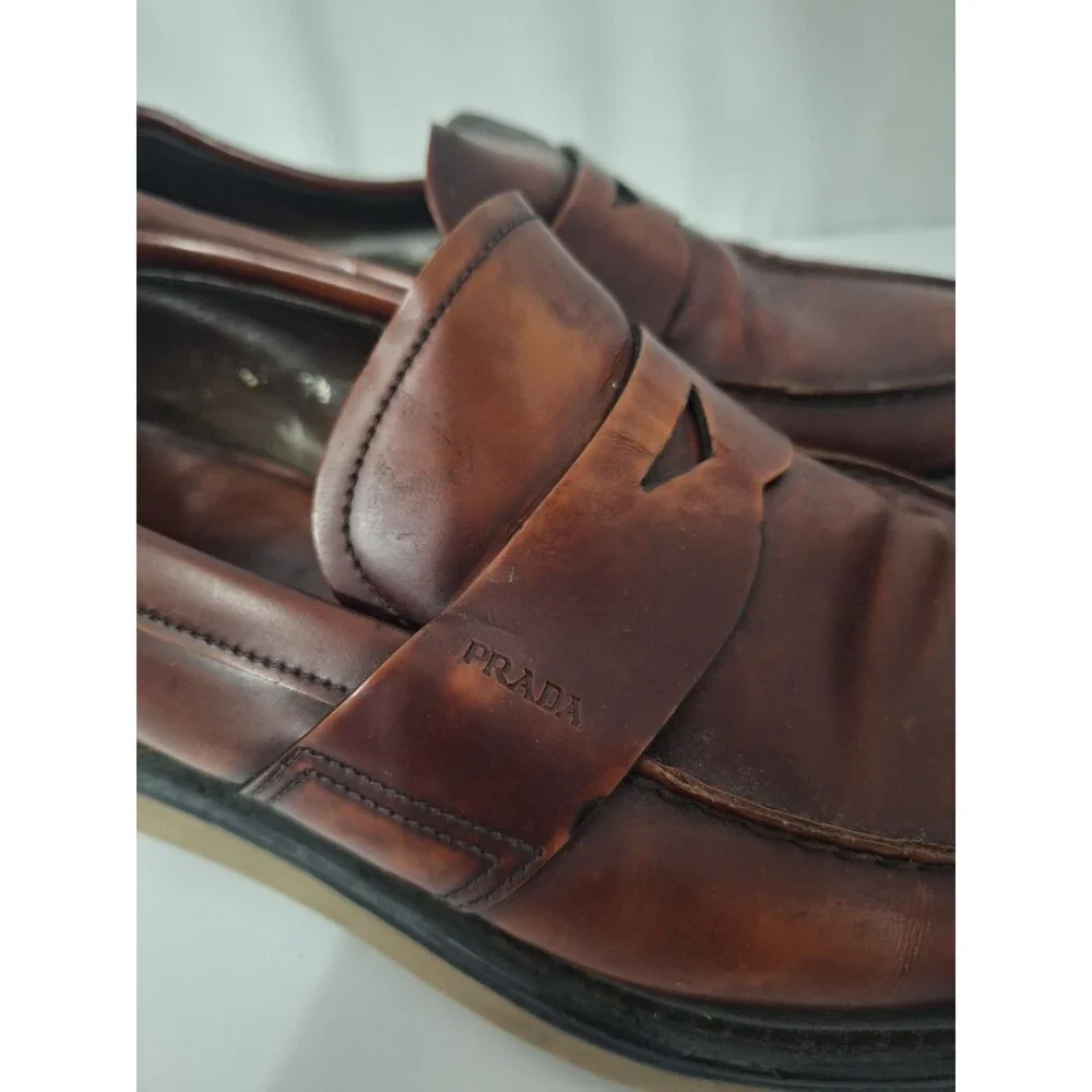 PRADA Mens Leather Loafers Sz 9.5 Brown Chunky Preppy Vintage Y2K School Teacher